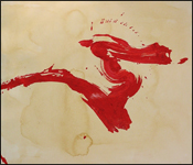 A tea stained paper painting that's warm beige in color with a warm red calligraphic mark across the entire face of the paper.