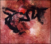 Two abstract, black brush marks on top of a red and burgundy background.