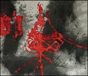 An abstract painting, dark and light gray background with a warm red calligraphic mark in the center.