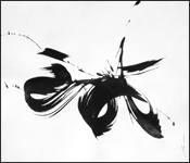 A black and white paper painting with a simple, one stroke, Sumi ink brush mark.