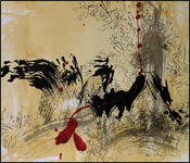 An abstract painting on paper, background stained with tea, primary brush mark is black Sumi ink with two small deep red dollops.