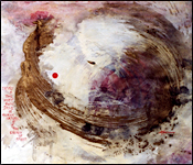 An abstract painting with a predominant tiny red dot near the center as a point of focus within the exhuberance of the painting.
