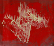 A red paper painting with a large, soft pale yellow, abstract mark.