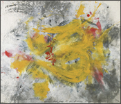 An abstract painting with deep yellow, large calligraphic marks across the entire 6 foot canvas, background is mottled gray and white, with a couple touches of red.
