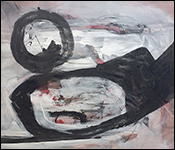 a painting with black abstract circles
